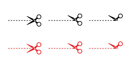 Black and Red Scissors Cut Here Icons Set. Dotted Line and Scissors Vector Collection. Voucher Coupon Instruction Symbols