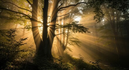 Sun rays shining through trees in a misty forest during golden hour