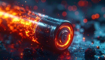 A cylindrical energy cell bursts with fiery energy, surrounded by glowing particles, set against a dark, textured backdrop