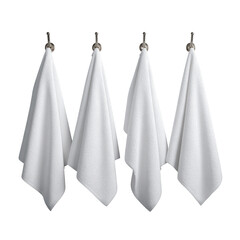 Four crisp white towels hang neatly from wall-mounted hooks