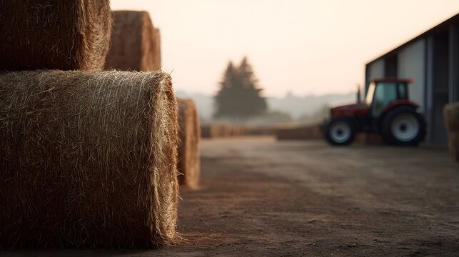 Rural farmyard at dawn with stacks of hay bales and a tractor near a barn - Powered by Adobe