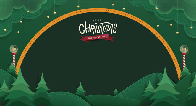 Dark green Christmas banner background with pine trees forest in paper cut style, night sky, hanging stars, red arch frame, and striped candy pole decoration for holiday greeting card - Powered by Adobe