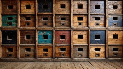 Stack of old wooden speaker cabinets concept. Vintage wooden drawers create a rustic and charming storage display.