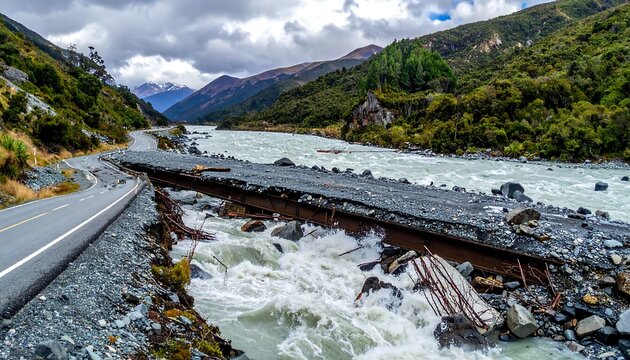 A damaged road and bridge sit near a turbulent river flowing between mountains under an overcast sky