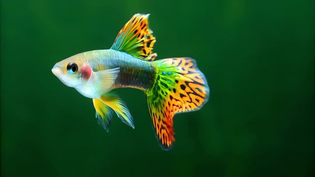 A guppy fish with colorful patterned tail, Swimming isolated on a dark green background