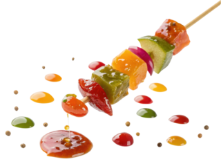 Appetizing grilled vegetable skewer with bell pepper, zucchini, onion and savory sauce. delicious, colorful and healthy meal for barbecue