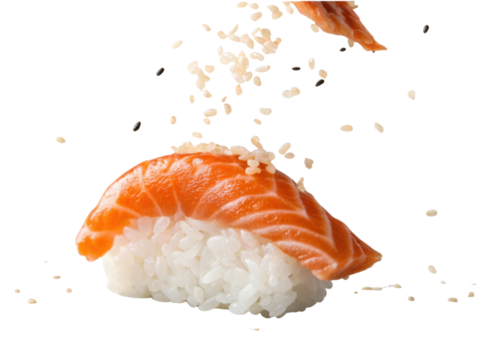 Delicious salmon nigiri sushi with fresh raw fish on rice. Japanese food with falling sesame seed. An appetizing isolated meal - Powered by Adobe