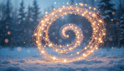 Glowing spiral light effect in a snowy winter forest magical swirl of light festive season background