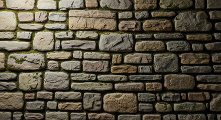 Fototapeta premium Rustic stone wall with moss creating a textured natural background for architecture, construction, or landscaping projects adding depth and organic beauty