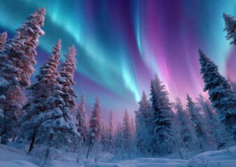 the aurora borealis illuminates the snow-covered trees in lapland