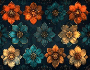 A dark background with a floral pattern of colorful blooms, gold outlines, and delicate designs