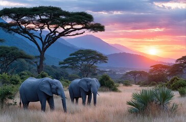a breathtaking view of the african savanna at sunset, with elephants and lions grazing in harmony under the golden light