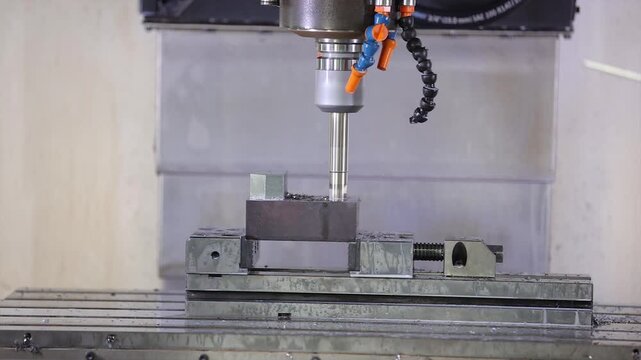 A high-precision CNC milling machine is captured mid-operation in a modern