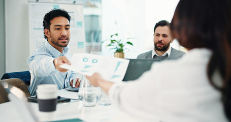 Fototapeta premium Business people, documents and graphs at office meeting with team, review or stats at finance company. Group, staff and planning with charts, asset management and feedback at investment agency