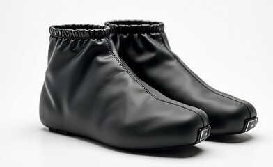 Pair of modern black waterproof shoe covers with elastic tops and matte finish, designed for cycling or rain protection.