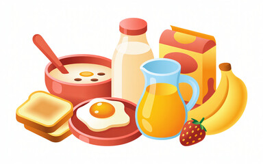 Cartoon breakfast toast egg cereal milk juice banana strawberry isolated on white background stylized vector illustration