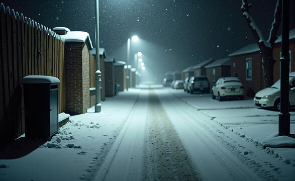 Snow-covered residential street at night with glowing streetlights and parked cars, creating a calm and quiet winter atmosphere.