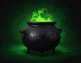 A dark, cauldron sits against a green-hued textured background, spewing bright green, glowing smoke. It is a mystical image