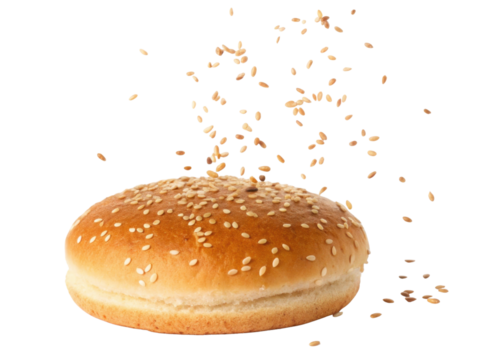Delicious fresh baked burger bun with sesame seed sprinkling on top. classic food ingredient for tasty sandwich on transparency background