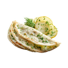 Herb-speckled flatbread with sliced potatoes, dill sprig, on dark backdrop