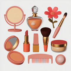 Cosmetic set with mirror perfume flower lipstick brush and comb for beauty care against white background render