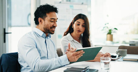 Obraz premium Talking, tablet and business people in office for finance review, discussion and budget planning. Teamwork, corporate and woman with man on digital tech, website and research for financial report