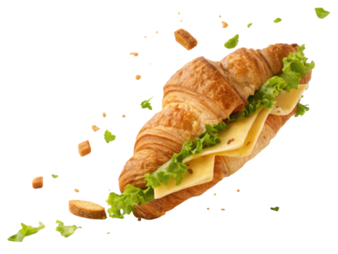 Delicious fresh croissant sandwich with cheese and lettuce, isolated for breakfast or snack. Floating food crumbs add dynamic appetizing