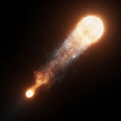 A large comet flies past planets in space.