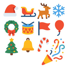 Fototapeta premium Festive Holiday Icons. Holiday Parade flat icons: Santa hat, sleigh, reindeer, snowflake, wreath, drum, flag, balloon, Christmas tree, bell, candy cane, confetti.
