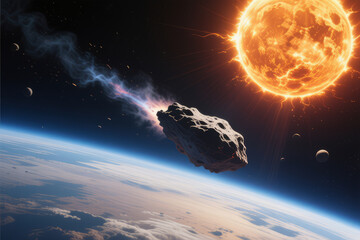 A large comet flies past planets in space.