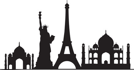 Fototapeta premium Statue of Liberty, Eiffel Tower, and Taj Mahal appear as global landmarks silhouette