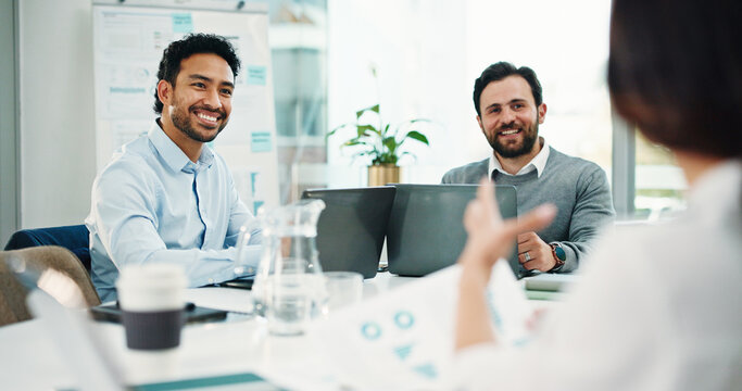 Business people, documents and charts at office meeting with team, review or stats at finance company. Group, happy staff and planning with graphs, asset management and feedback at investment agency - Powered by Adobe