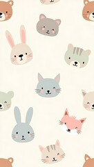 Obraz premium Adorable seamless pattern of cute animal faces like bears, bunnies, cats, and foxes in soft pastel colors, minimal cartoon kawaii vector for children’s wallpaper or prints.