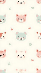 Obraz premium Adorable seamless pattern of cute animal faces like bears, bunnies, cats, and foxes in soft pastel colors, minimal cartoon kawaii vector for children’s wallpaper or prints.