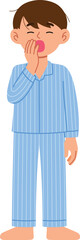 Fototapeta premium Young Sleepy Boy Character in Cute Blue Pajamas Yawning with Hand Covering His Mouth illustration