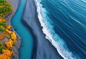 black sand beach, an aerial view of the ocean and river flowing into it with black water and yellow paint