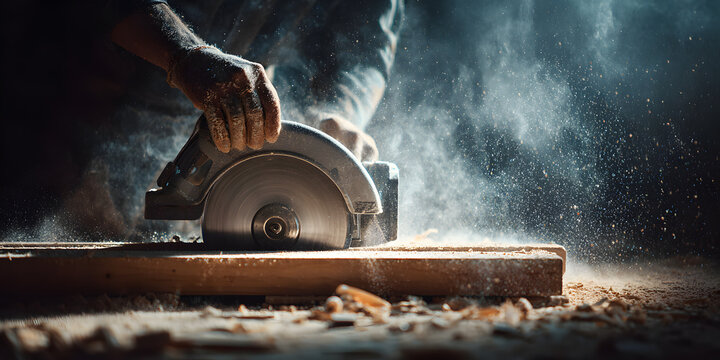 Skilled craftsman using circular saw on wooden plank in workshop with dust and light effects