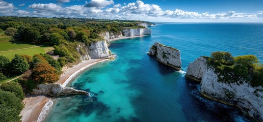 an aerial view of old jewel island, dorset, in the magnificent british countryside, overlooking an endless sea with white cliffs and green grass on top of them