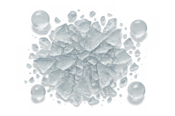 Crushed ice fragments and water drops dissolving on transparent background, capturing coldness and refreshment