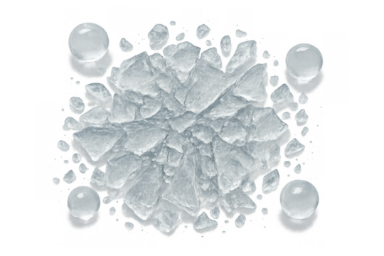 Crushed ice fragments and water drops dissolving on transparent background, capturing coldness and refreshment