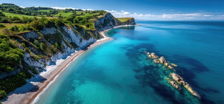 an aerial view of old harry rocks in dorset, set against the stunning backdrop of the region's picturesque coastline