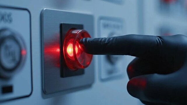 Gloved Hand Pressing Red Emergency Button On Panel In Dimly Lit Industrial Setting Demonstrating Urgency And Activation For Industrial Safety Measures and Operational