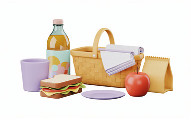 Picnic arrangement with basket sandwich juice apple and notebook for outdoor lunch against white background