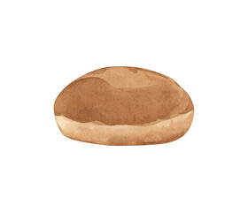 A fresh loaf of crispy bread baked from wheat flour. Hand-painted with watercolors.