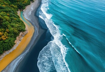 black sand beach, an aerial view of the ocean and river flowing into it with black water and yellow paint