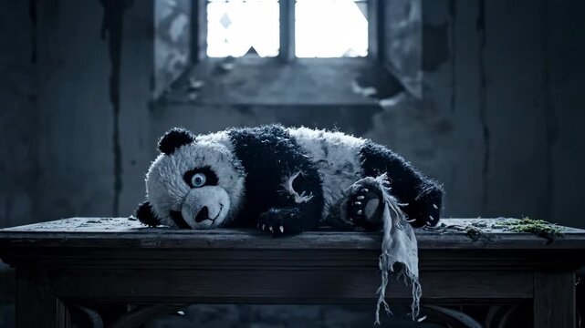 Stuffed panda on table in dark room with broken window dramatic lighting
