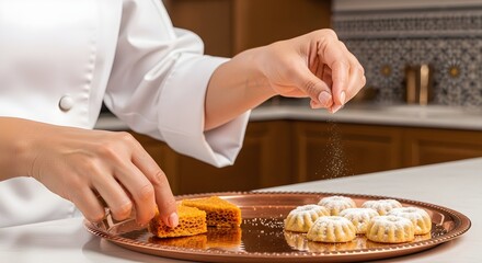 Chef Decorating Traditional Middle Eastern Sweets with Powdered Sugar