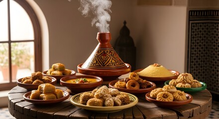 Moroccan Cuisine Feast with Traditional Tagine and Sweets