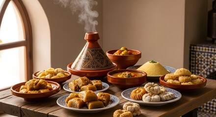 Traditional Moroccan Cuisine Dinner with Tagine and Delicious Sweets