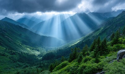 the swiss alps with rays of light shining through dark clouds, illuminating the green mountains and valleys below